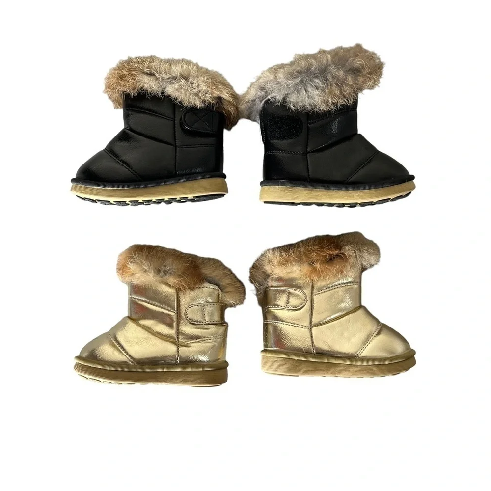 BABY GIRL Faux Fur Gold and Black Boots Set of 2